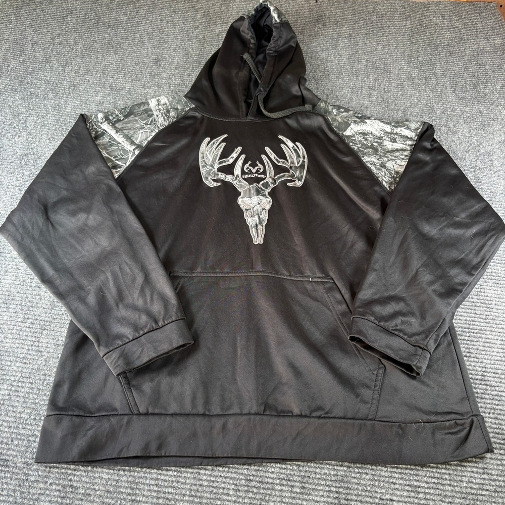 Realtree Staghorn River Mens XL Black Camo Deer Skull Graphic Pullover Hoodie